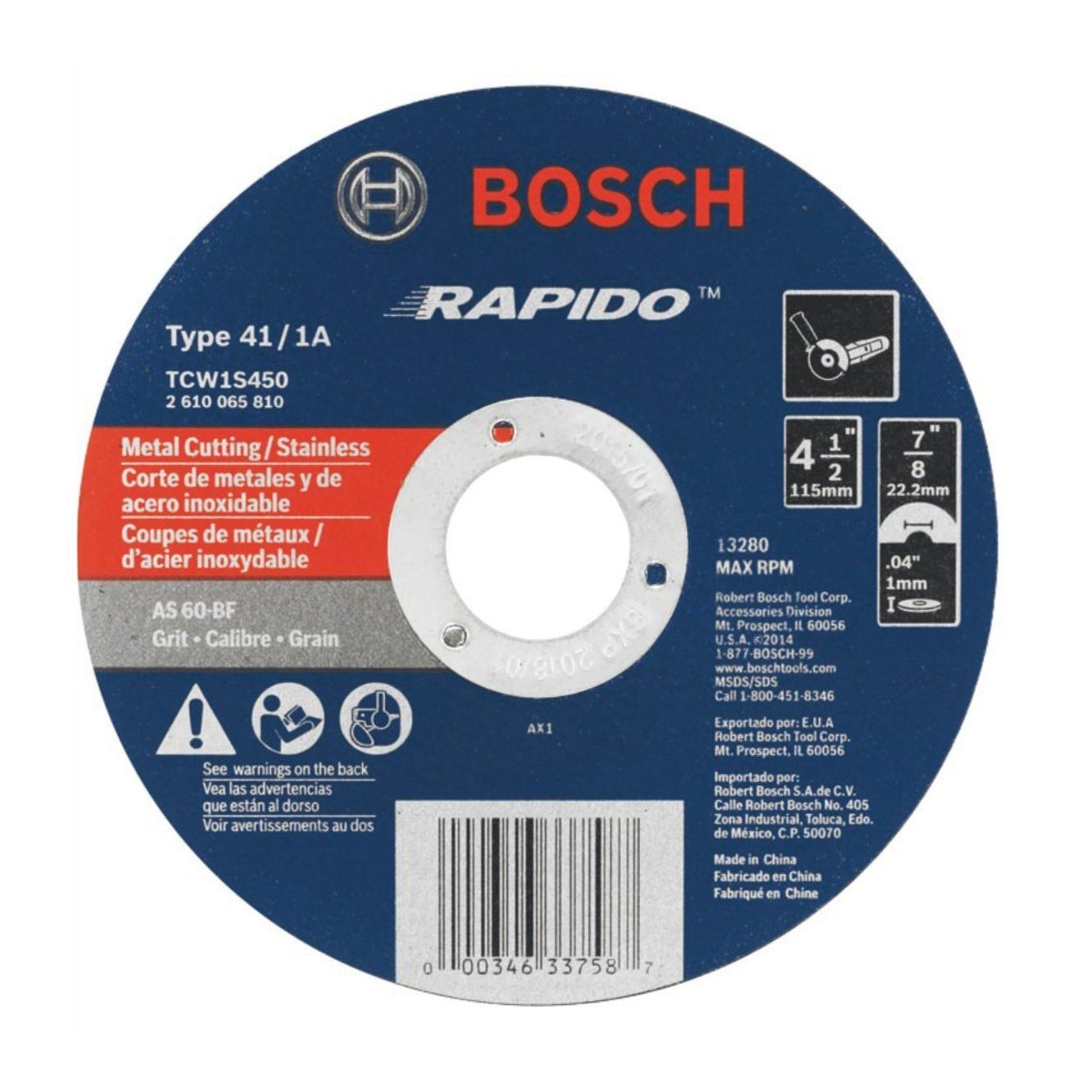 Image of a BOSCH TCW1S450 Rapido metal cutting disc showcasing its precision. It features type 1 specs and measures 4-1/2 inches (115mm) x 0.40 inches (approx. 1mm) with a 22.2mm bore, achieving up to 13,280 RPM for efficient performance in multiple languages.